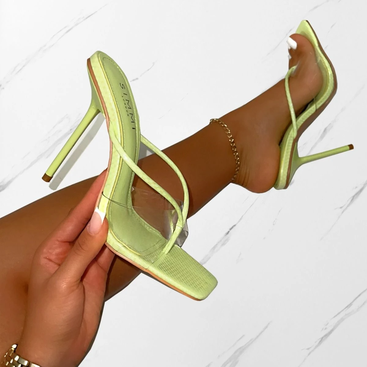 Chita Green Faux Snake Print Clear Toe Thong Mules