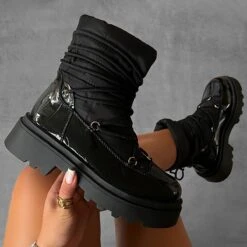 Cimmaron Black Faux Croc Print Chunky Ankle Snow Boots