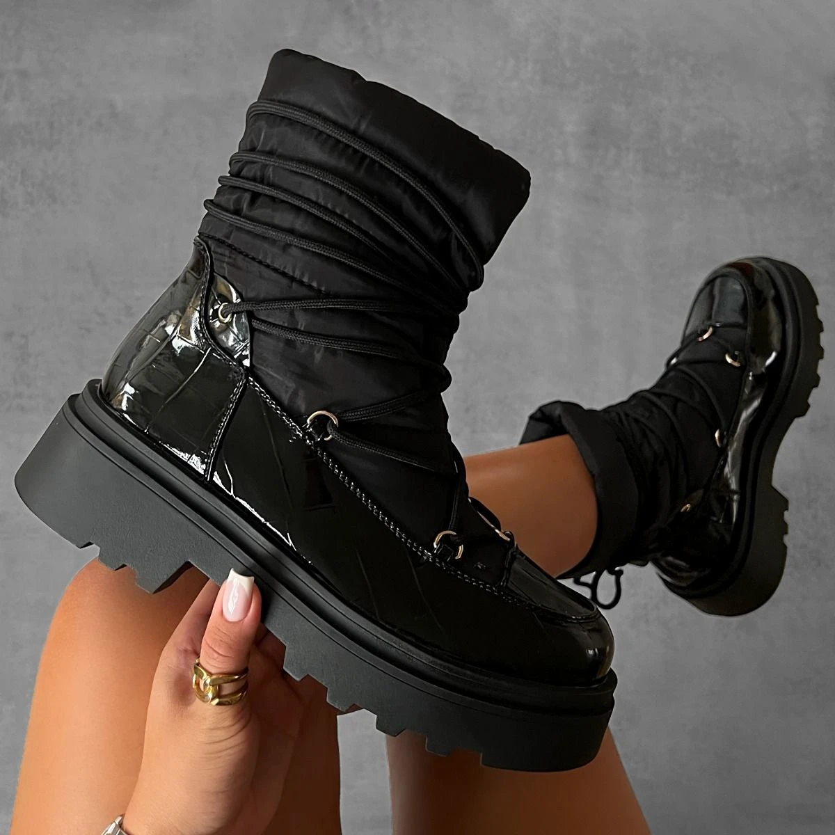 Cimmaron Black Faux Croc Print Chunky Ankle Snow Boots