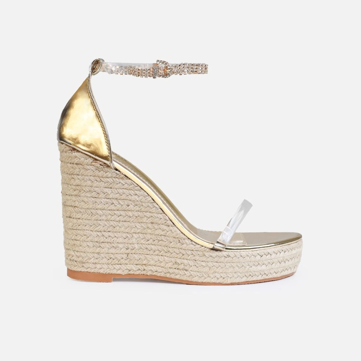 Tasha Ghouri Cove Gold Clear Diamante Wedges - Image 3