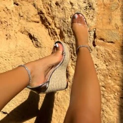 Tasha Ghouri Cove Silver Clear Diamante Wedges