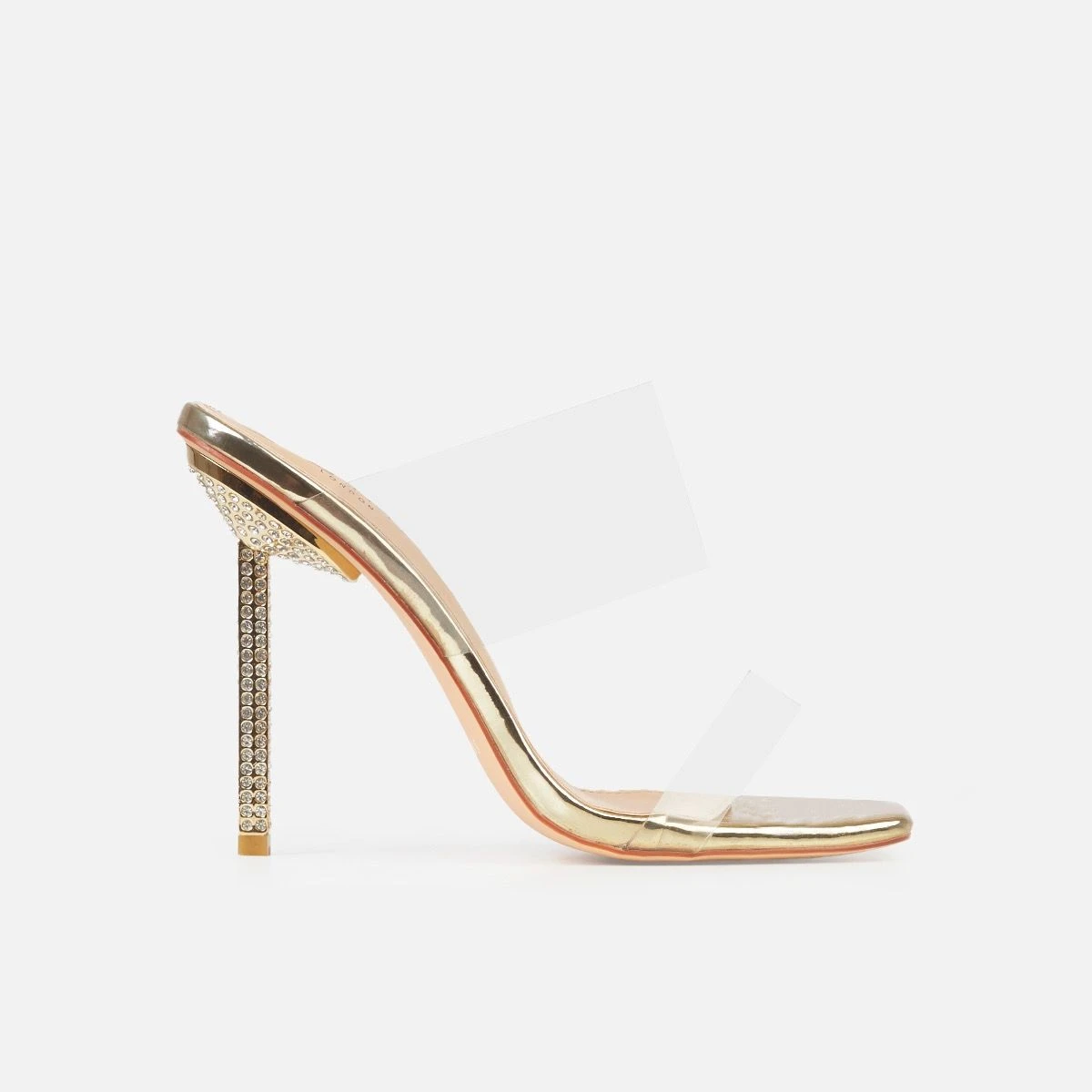 Deja Wide Gold Clear Strappy Diamante Heeled Mules - Image 2