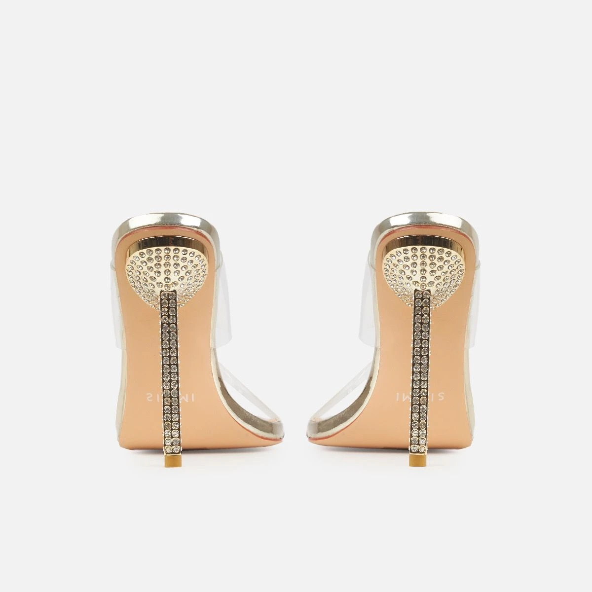 Deja Wide Gold Clear Strappy Diamante Heeled Mules - Image 3