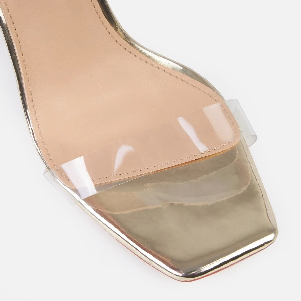 Deja Wide Gold Clear Strappy Diamante Heeled Mules - Image 4