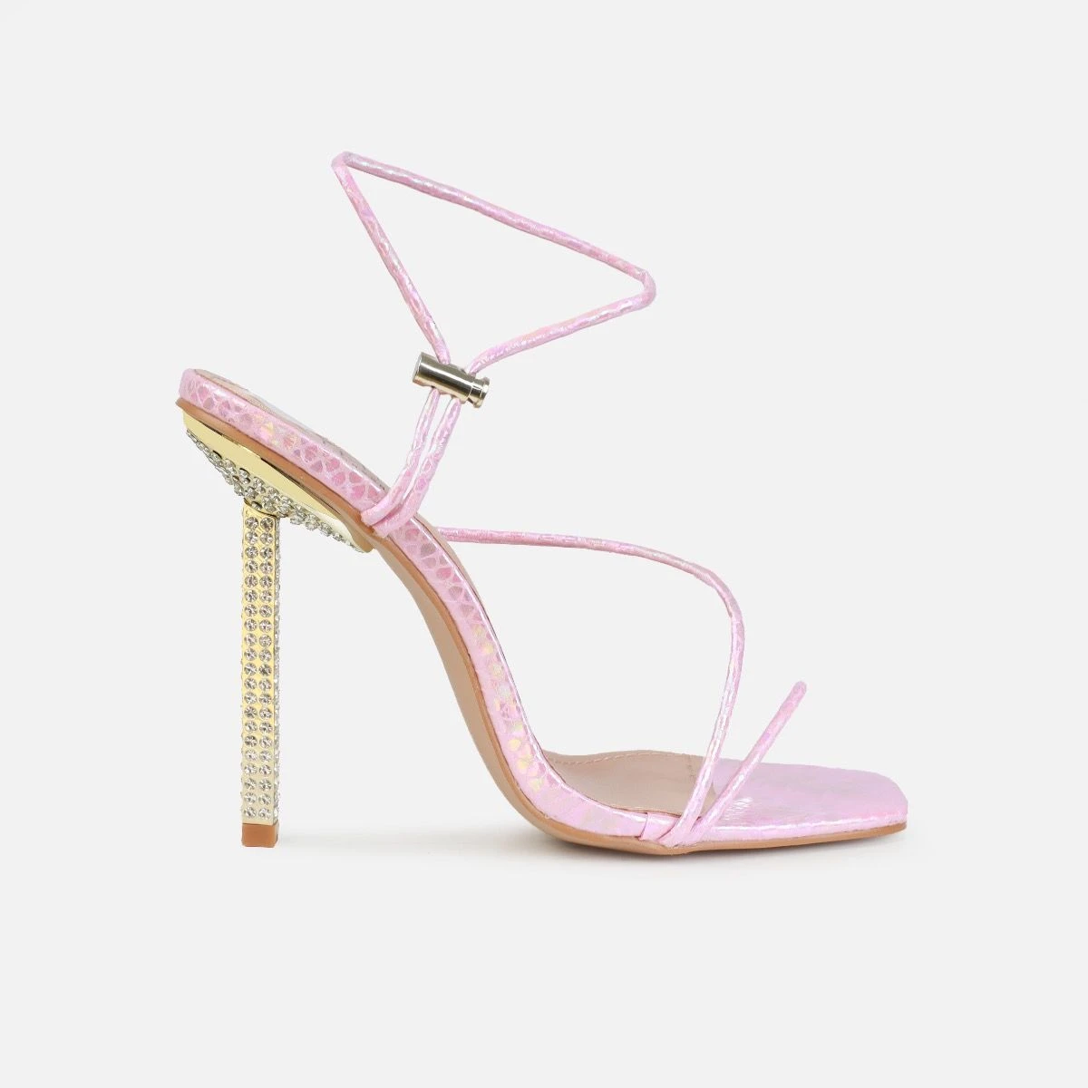 Dejii Pink Iridescent Faux Snake Print Diamante Heels - Image 2