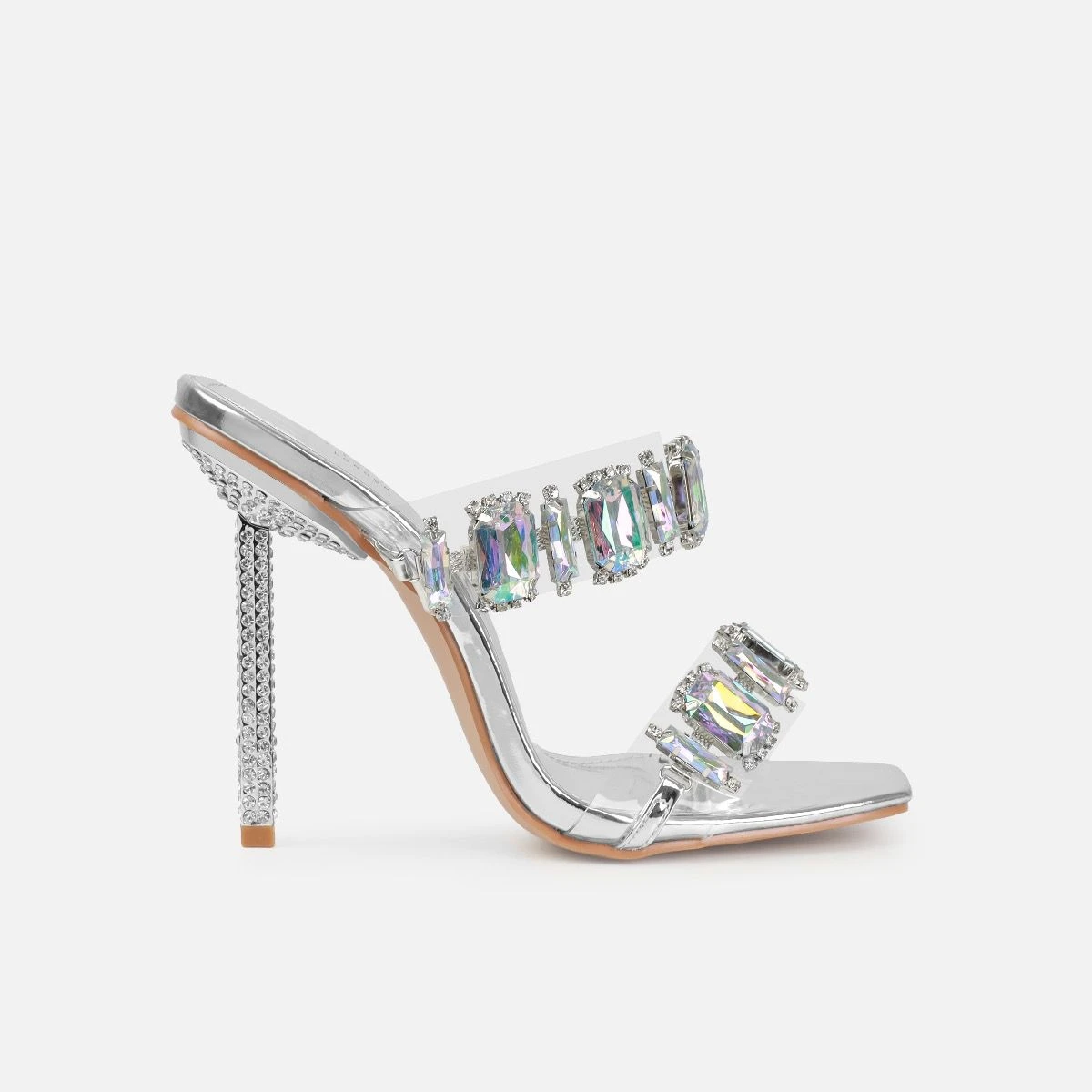 Jacqualyn Silver Clear Diamante Gem Stiletto Mules - Image 2
