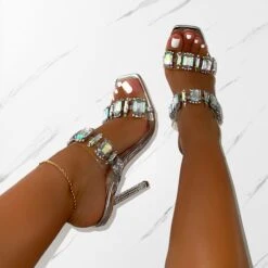 Jacqualyn Silver Clear Diamante Gem Stiletto Mules