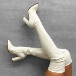 Elijah Stone Faux Croc Print Block Thigh High Boots