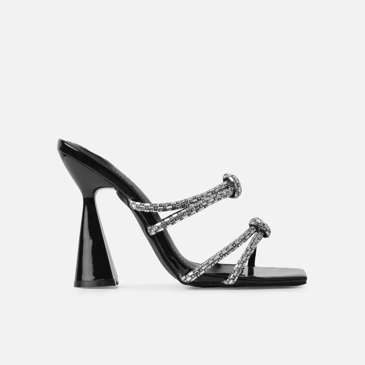Ethelyn Black Patent Diamante Flare Heel Mules - Image 2