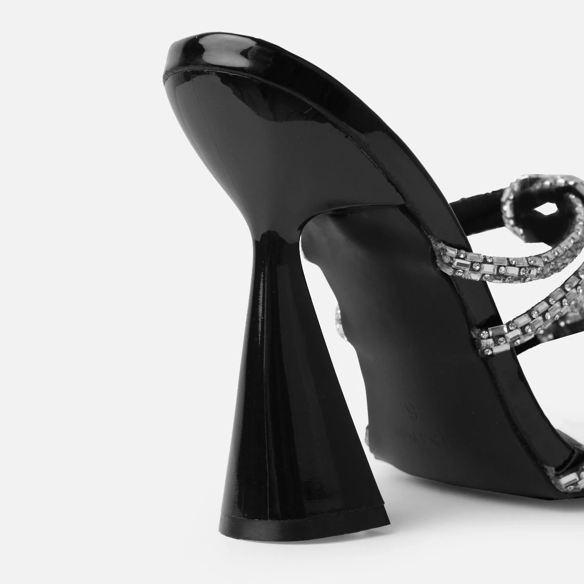 Ethelyn Black Patent Diamante Flare Heel Mules - Image 3
