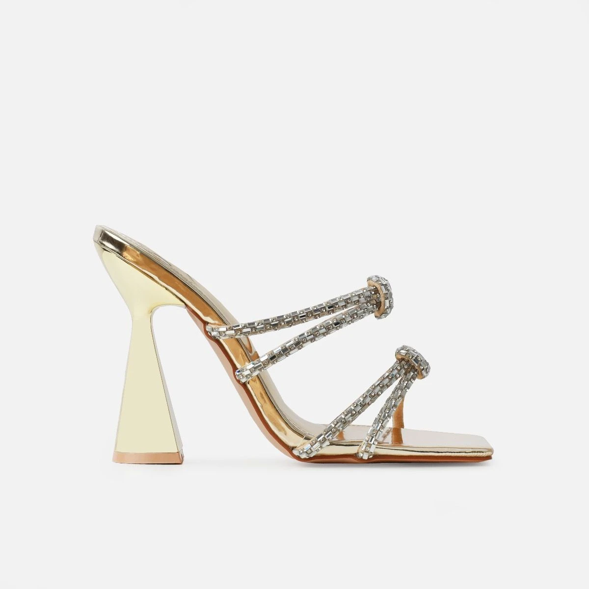 Ethelyn Gold Mirror Diamante Flare Heel Mules - Image 2