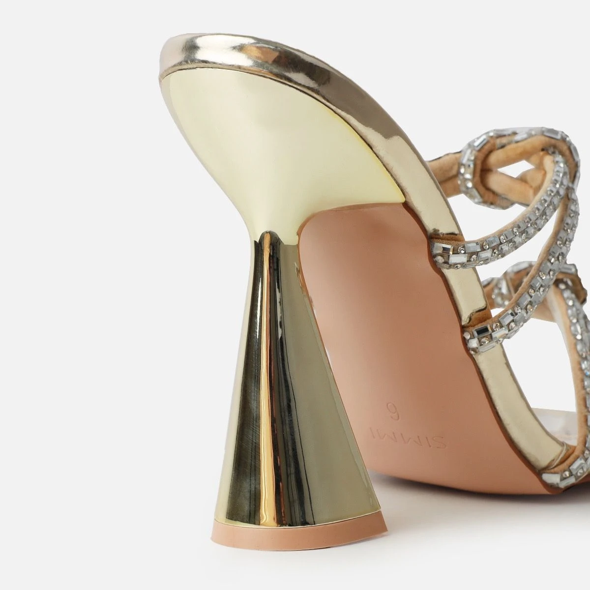 Ethelyn Gold Mirror Diamante Flare Heel Mules - Image 3