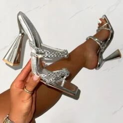 Ethelyn Silver Mirror Diamante Flare Heel Mules