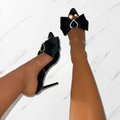Ilara Black Satin Clear Diamante Heart Bow Mules