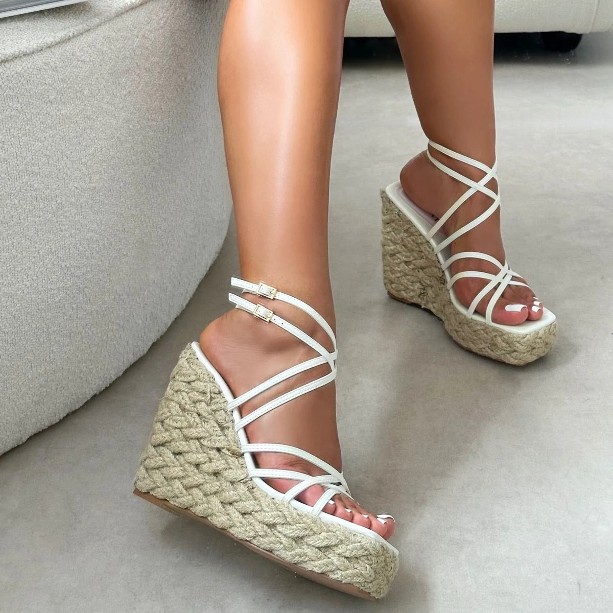 Akela White Pearlised Wedge Espadrille Sandals