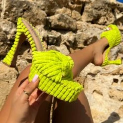 Tasha Ghouri Cedar Lime Green Towelling Knot Platform Mules