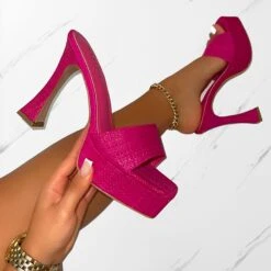Fantasia Pink Raffia Platform Block Mules