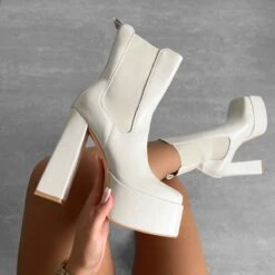 Finn Greige Platform Block Heel Ankle Boots