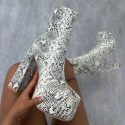 Foster Neutral Faux Snake Print Platform Block Heel Ankle Boots