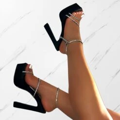 Gaiah Black Satin Diamante Toggle Platform Heels