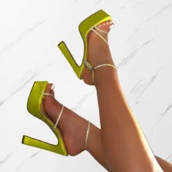 Gaiah Lime Satin Diamante Toggle Platform Heels