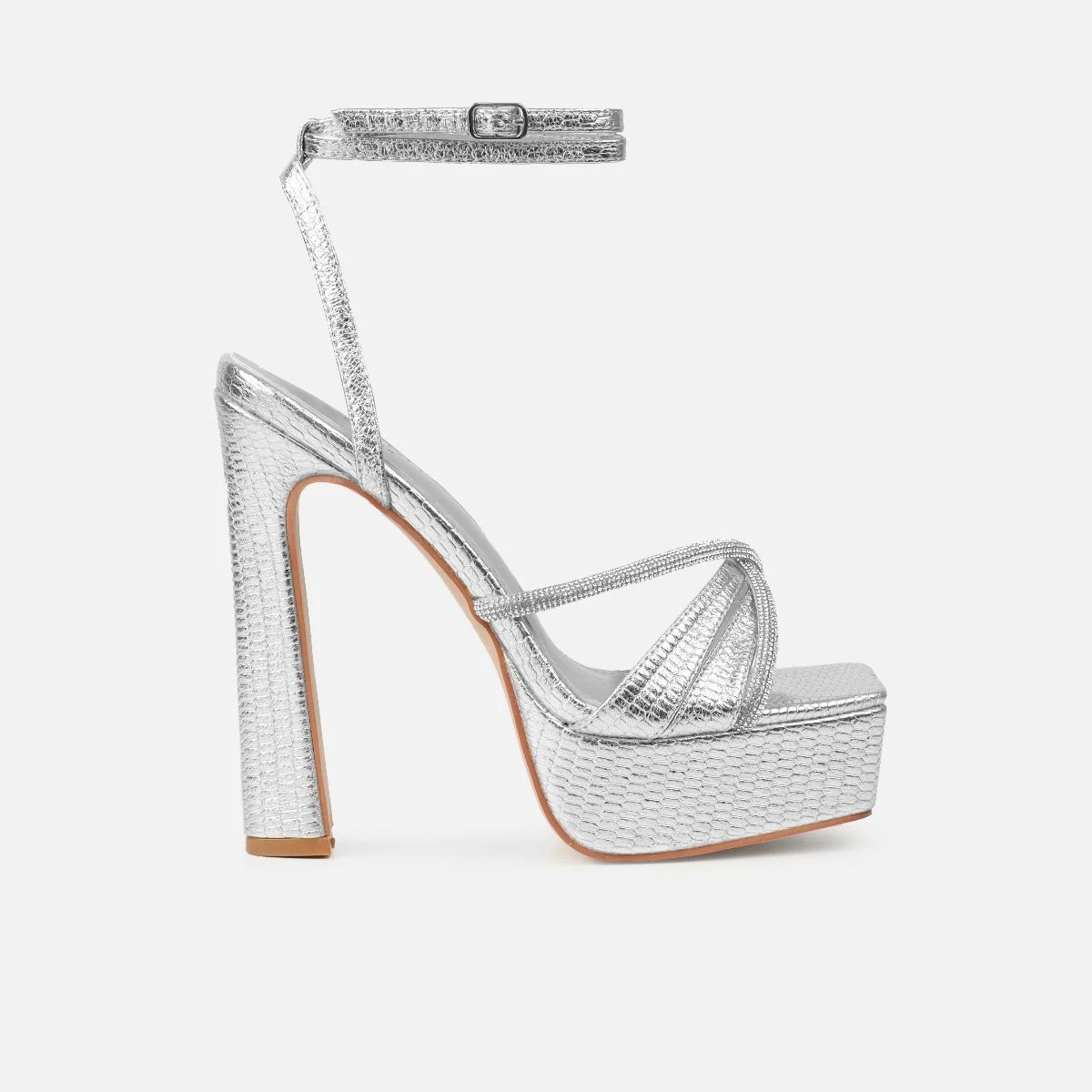 Adelaide Silver Faux Snake Diamante Platform Heels - Image 2