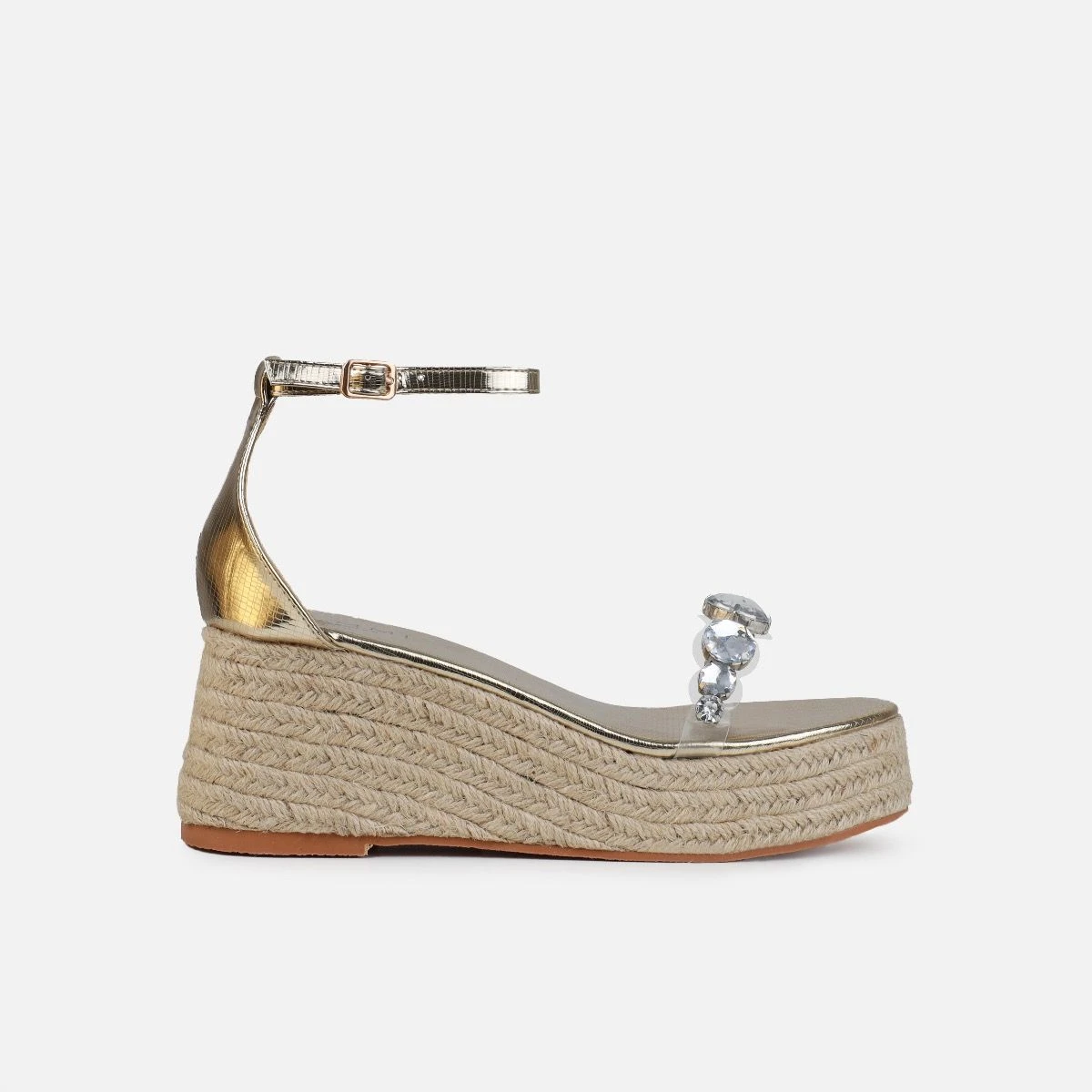 Ginevra Gold Faux Snake Print Clear Gem Espadrille Wedges - Image 2