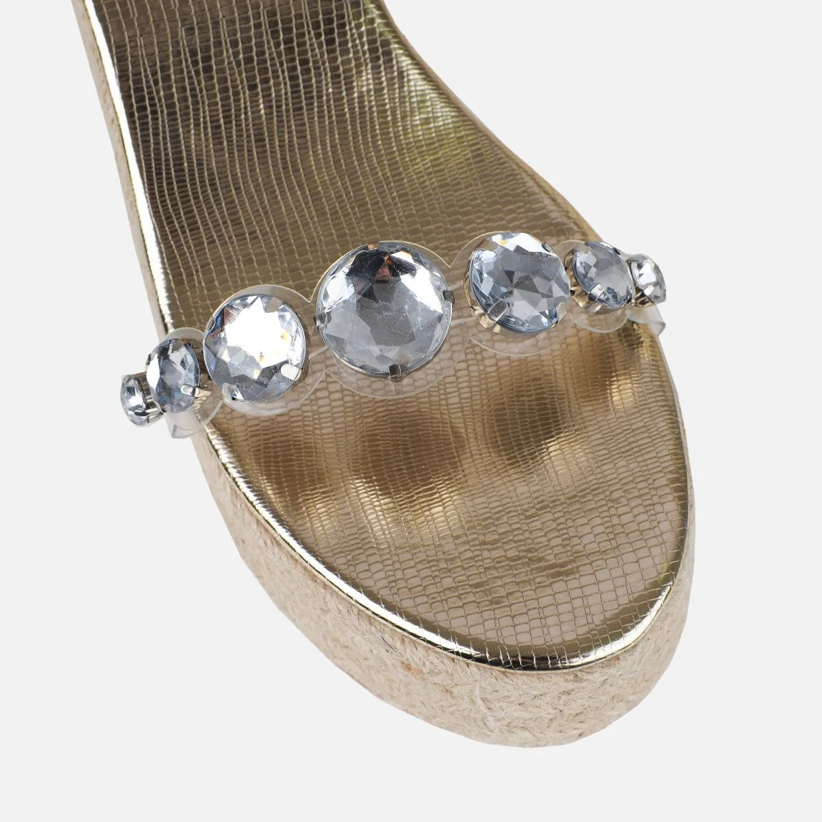 Ginevra Gold Faux Snake Print Clear Gem Espadrille Wedges - Image 4