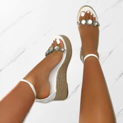 Ginevra White Faux Snake Print Clear Gem Espadrille Wedges