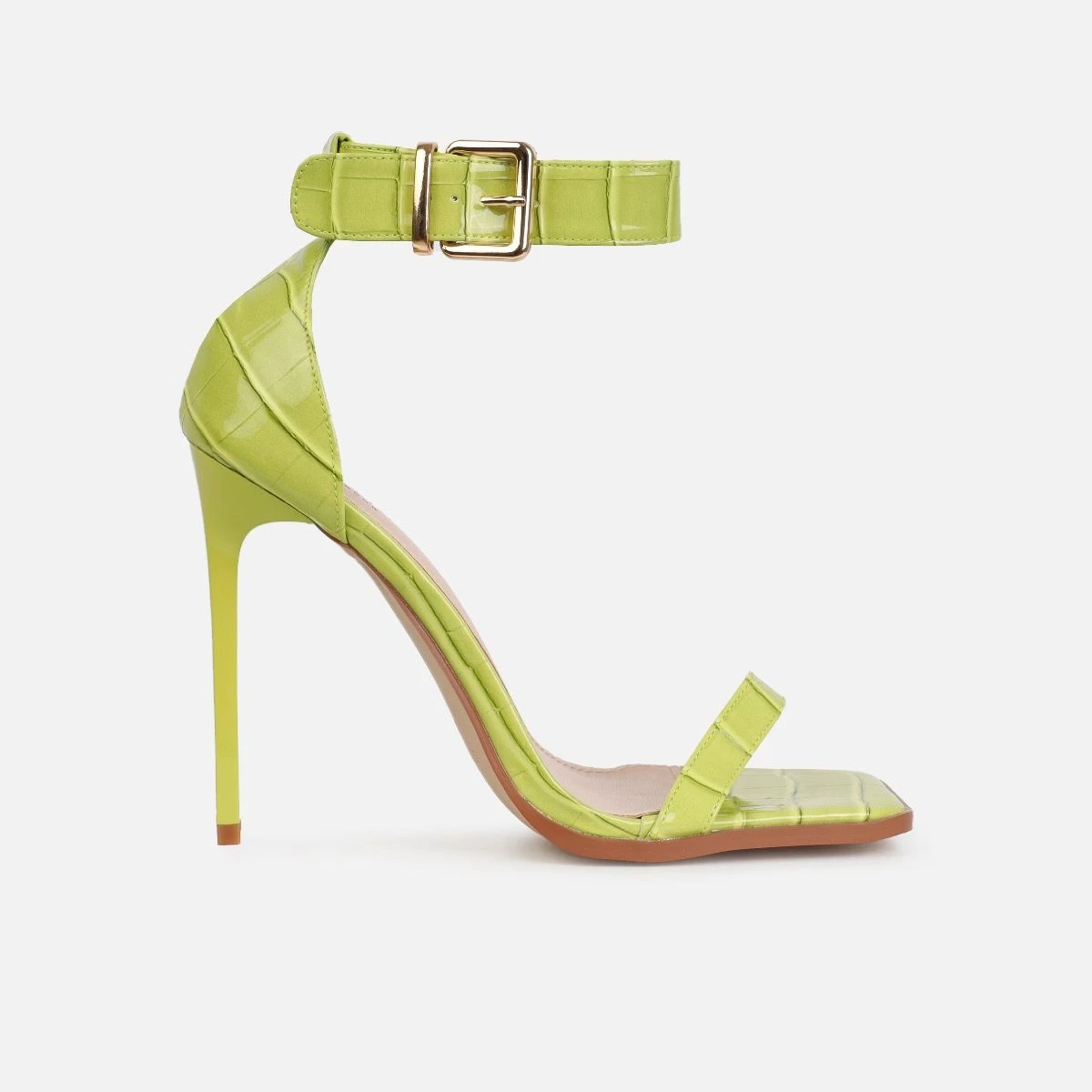 Haniel Olive Green Faux Croc Print Buckle Stiletto Heels - Image 2