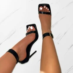 Haniel Black Faux Croc Print Buckle Stiletto Heels