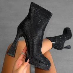 Hans Black Diamante Platform Block Ankle Boots