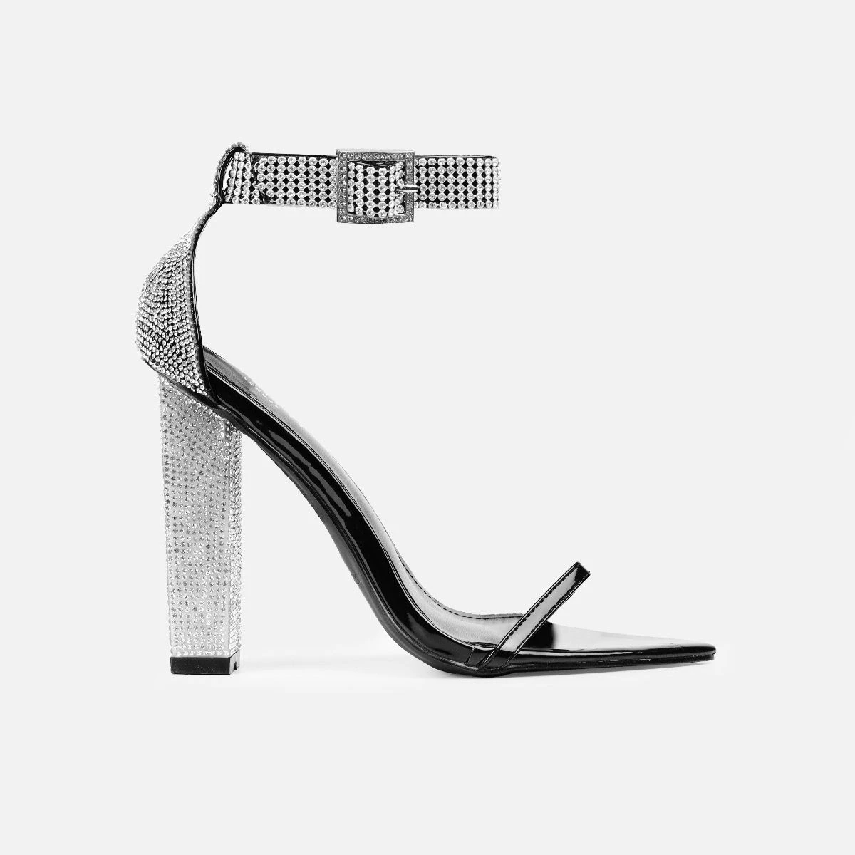 Icey Black Patent Diamante Buckle Block Heels - Image 2