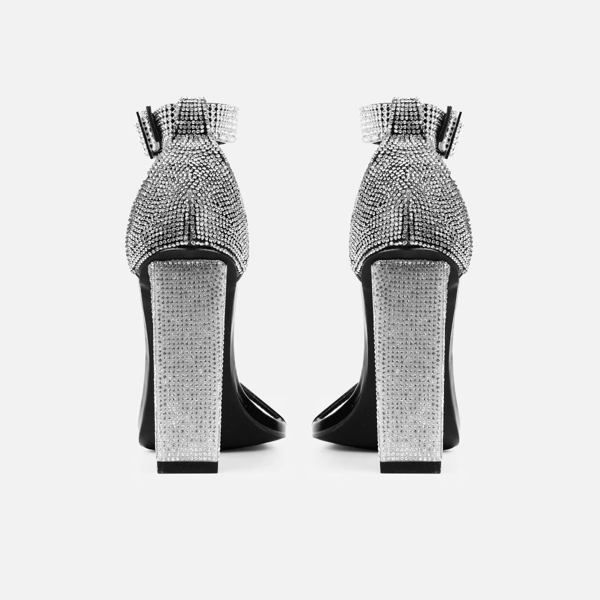 Icey Black Patent Diamante Buckle Block Heels - Image 3