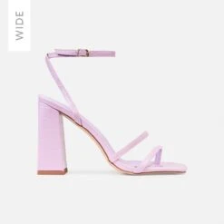 Inez Wide Lilac Faux Croc Print Strappy Block Heels