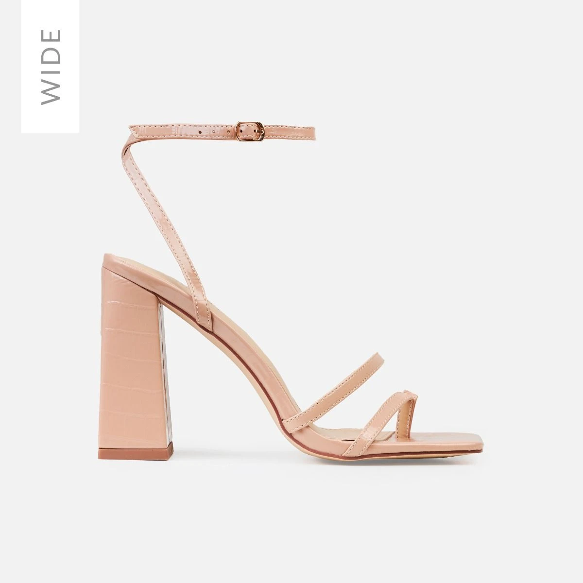 Inez Wide Nude Faux Croc Print Strappy Block Heels
