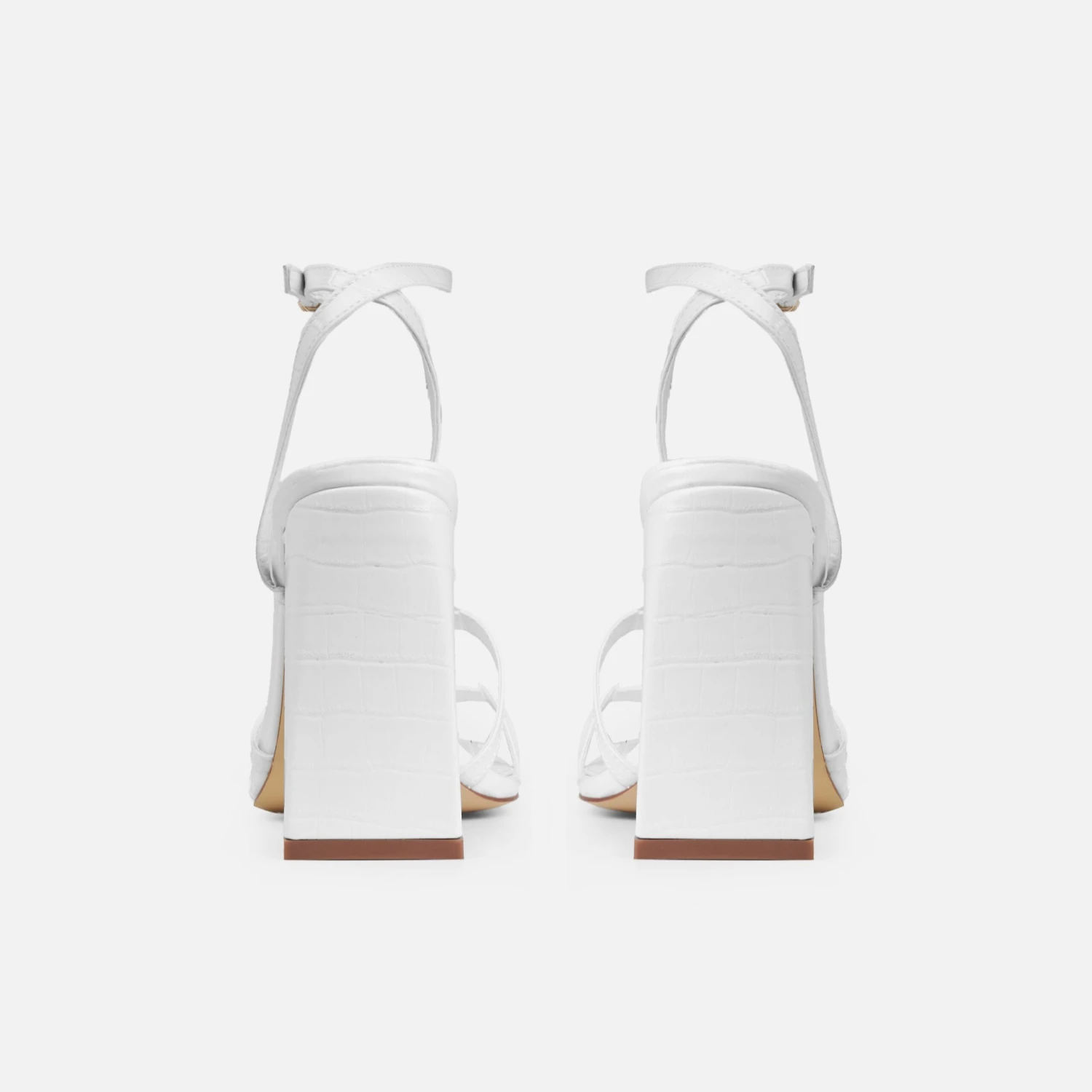 Inez Wide White Faux Croc Print Strappy Block Heels - Image 3