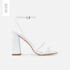 Inez Wide White Faux Croc Print Strappy Block Heels