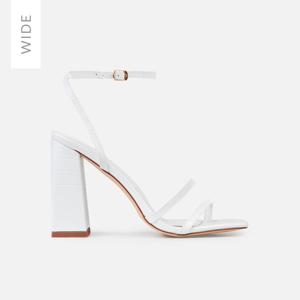 Inez Wide White Faux Croc Print Strappy Block Heels