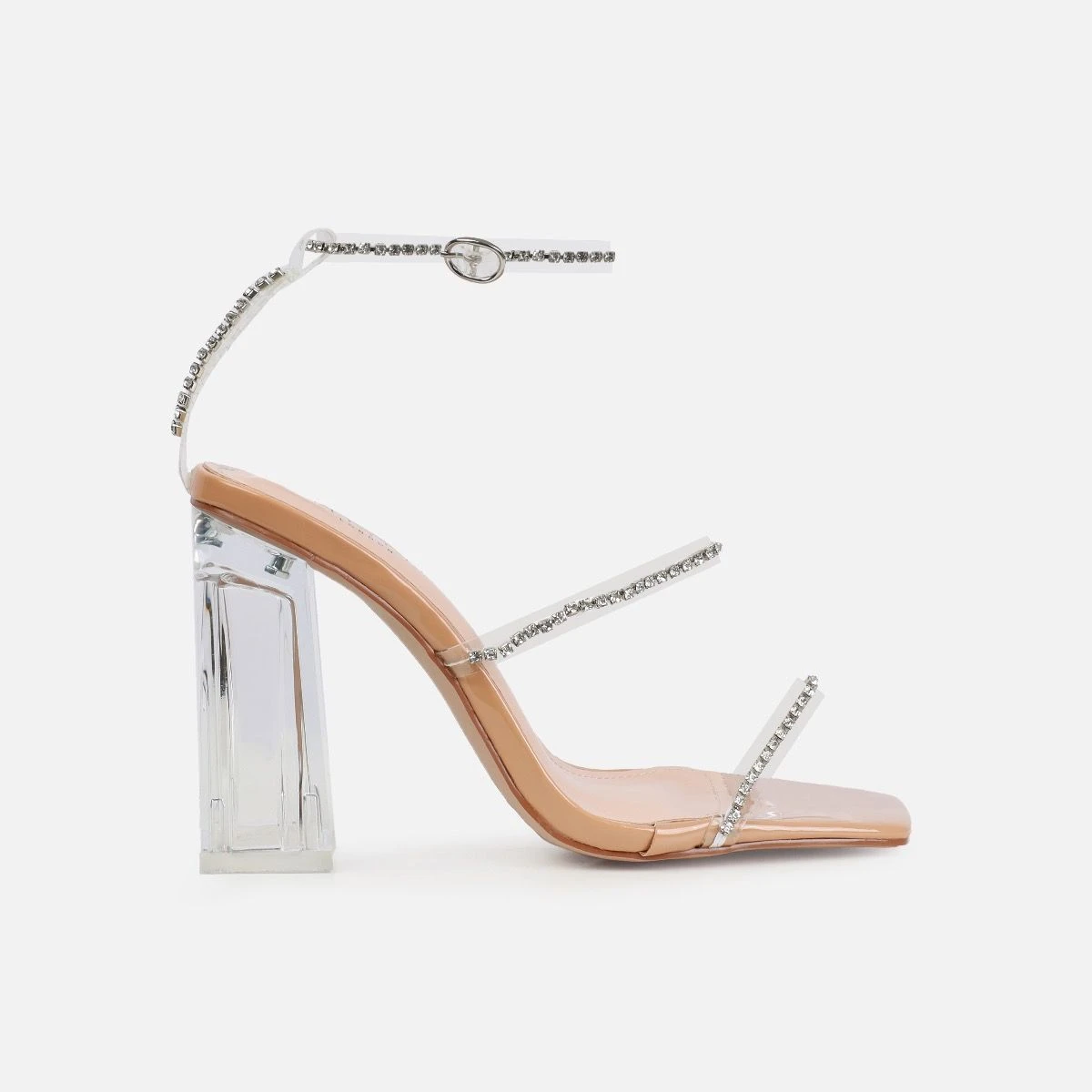 Issy Nude Patent Clear Diamante Block Heels - Image 2