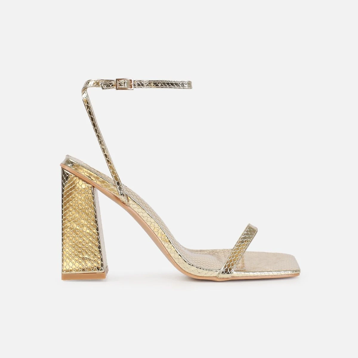 Ishani Light Gold Faux Snake Print Block Heels - Image 2