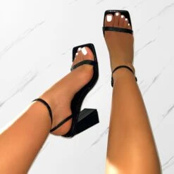 Ishani Black Faux Snake Print Block Heels