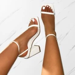 Ishani White Faux Snake Print Block Heels