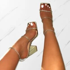 Issy Gold Clear Diamante Block Heels