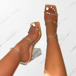 Issy Nude Patent Clear Diamante Block Heels