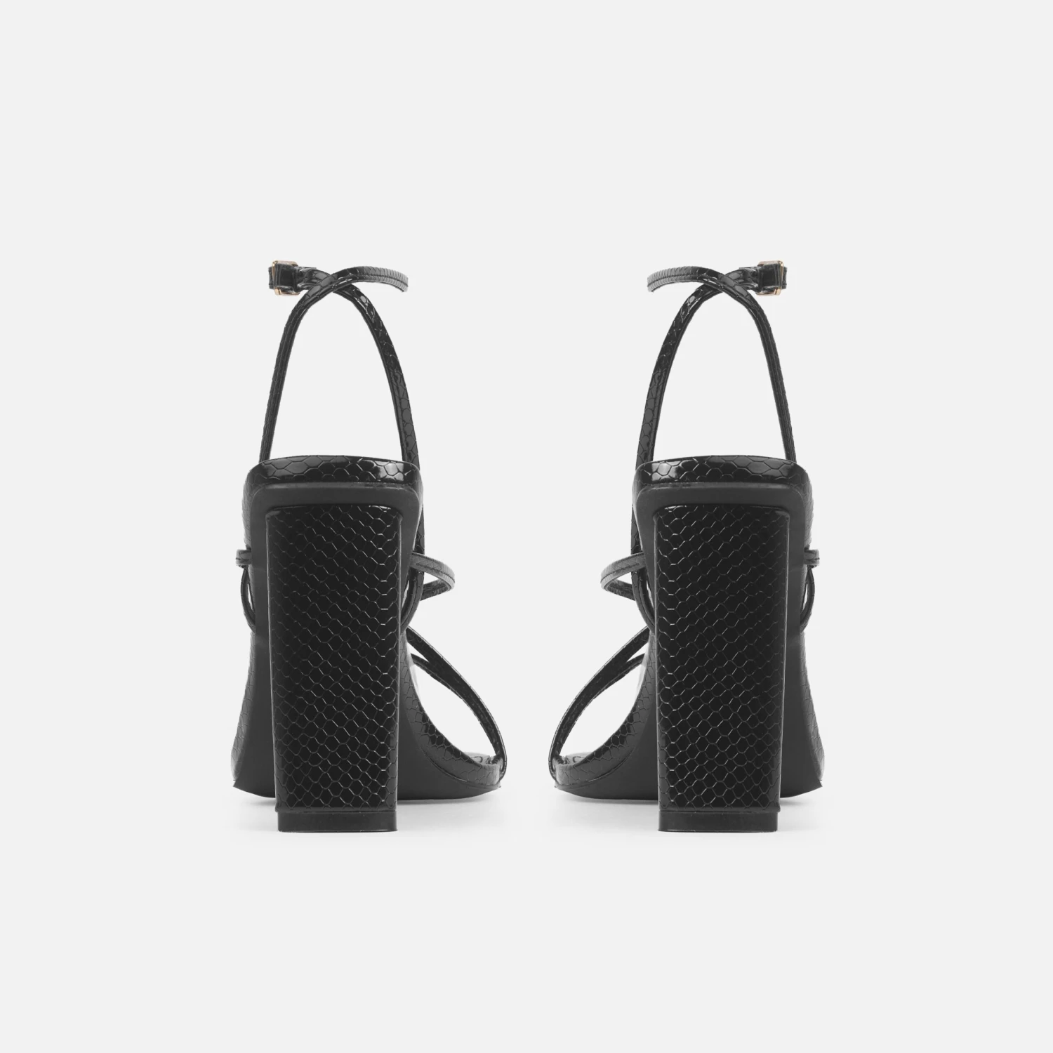 Jamilah Wide Black Patent Strappy Lace Up Block Heels - Image 3