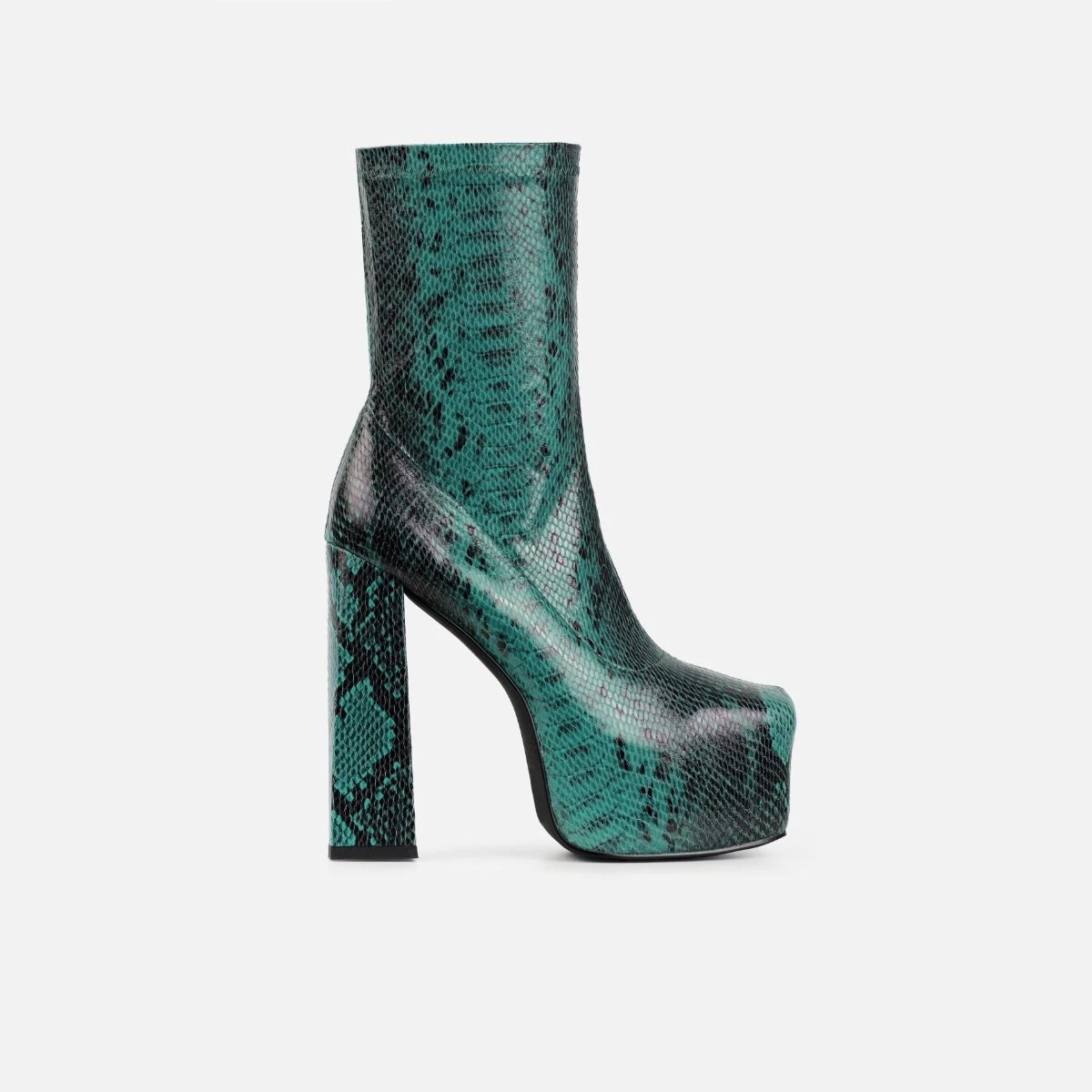 Foster Green Faux Snake Print Platform Block Heel Ankle Boots - Image 2
