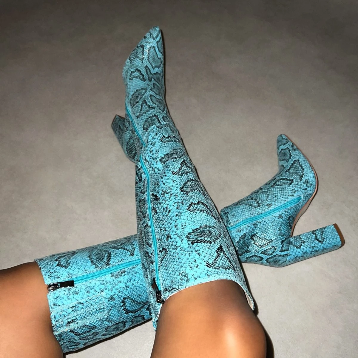 Kaa Blue Faux Snake Print Block Heel Knee High Boots