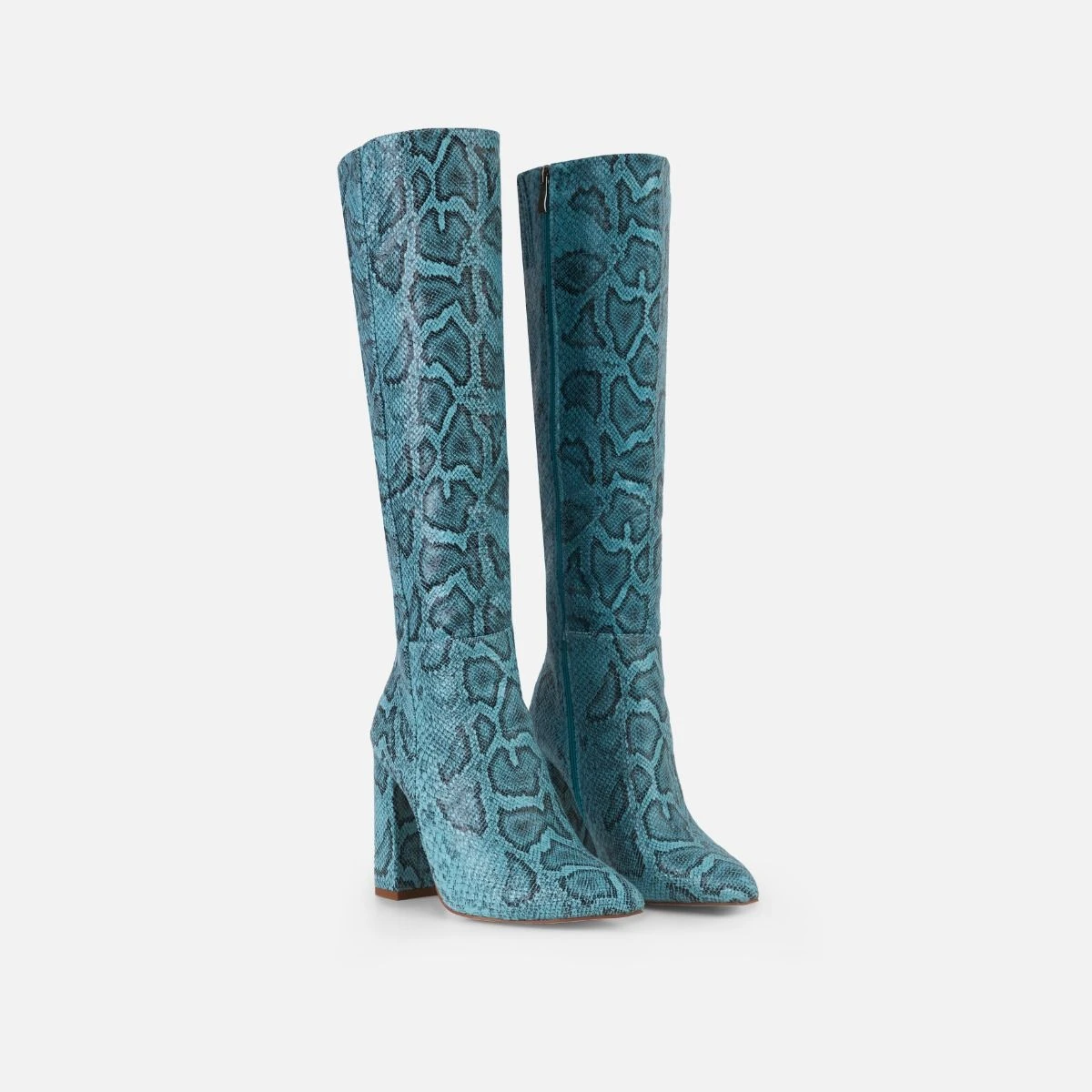 Kaa Blue Faux Snake Print Block Heel Knee High Boots - Image 3