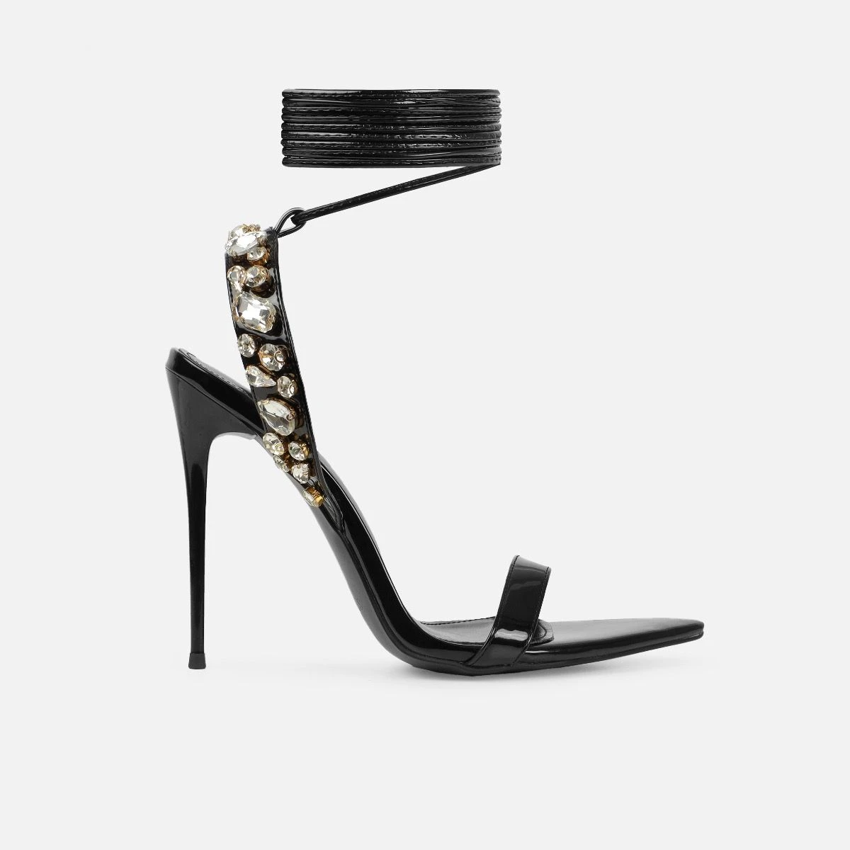 Alyona Black Patent Gem Lace Up Stiletto Heels - Image 2